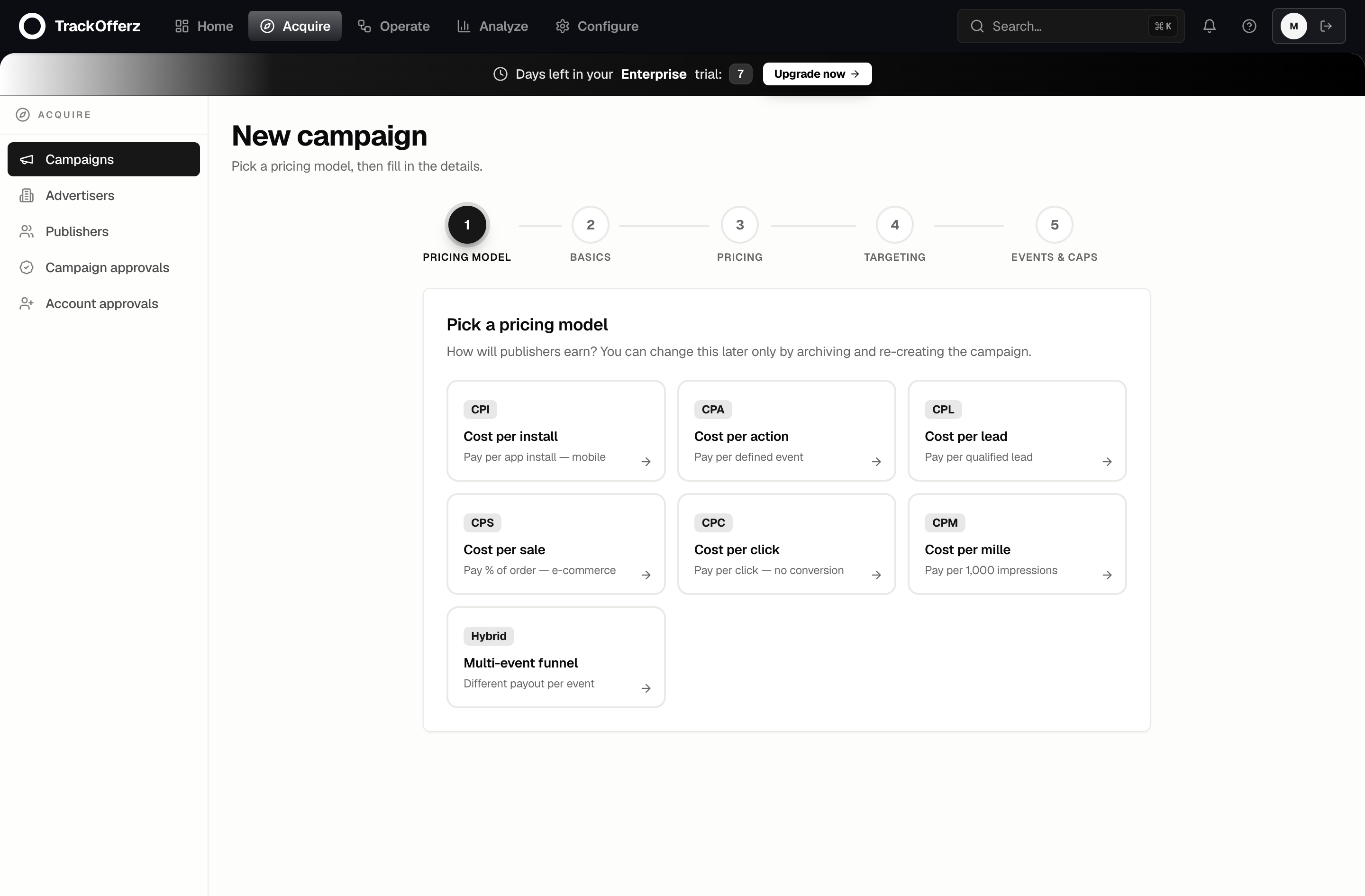 Step one of the campaign wizard — choosing a pricing model