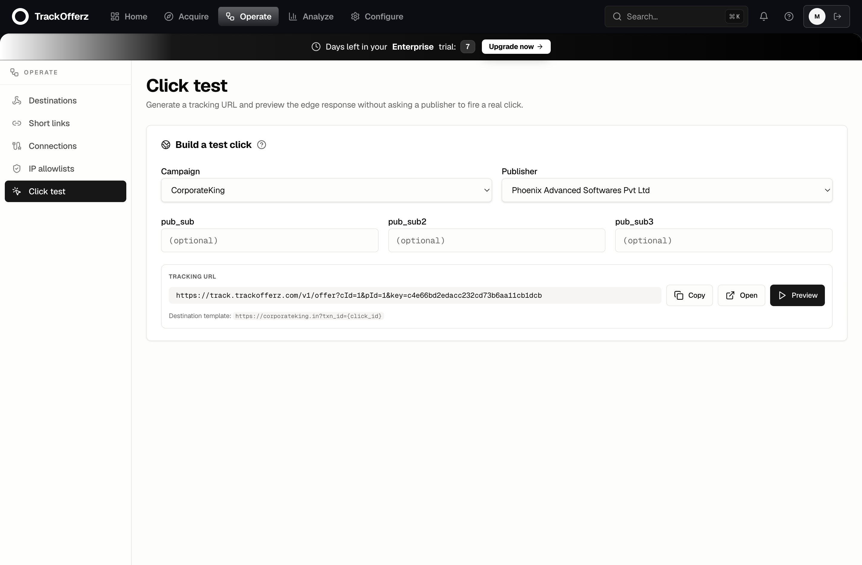 The click-test tool with a campaign and publisher selected