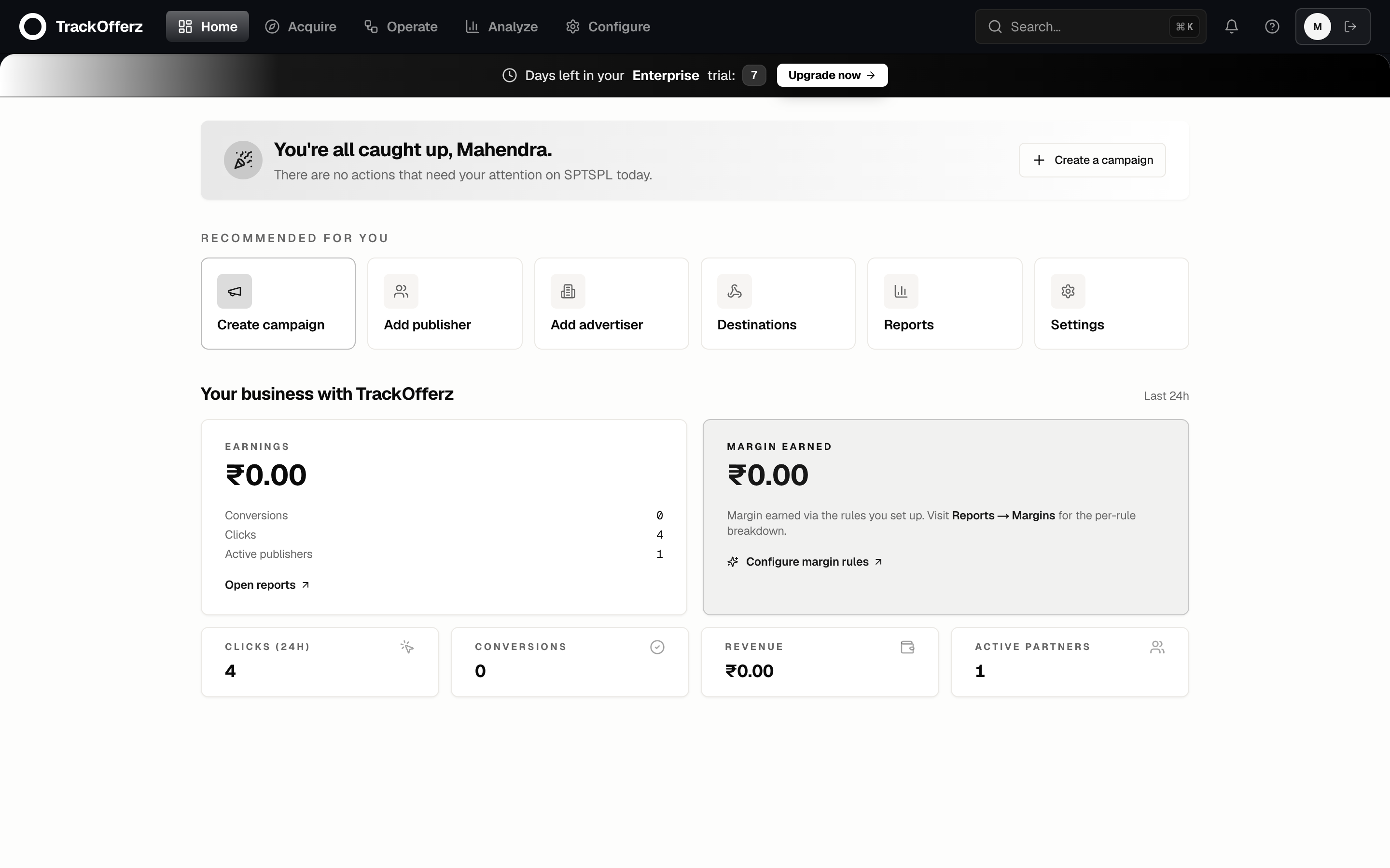 The TrackOfferz network dashboard right after login